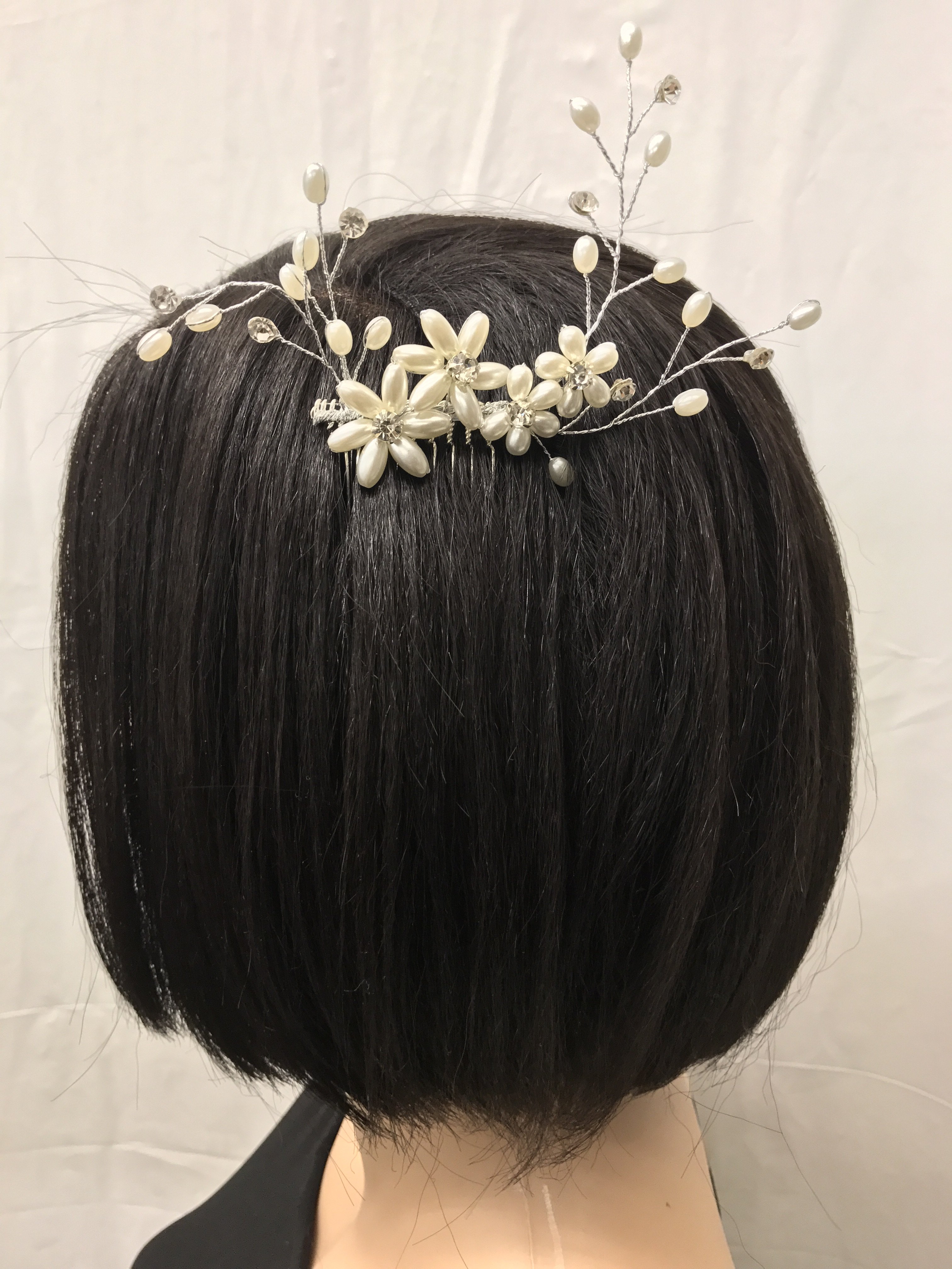 Silver Metal Hair Comb With Branches Of Pearls & Rhinestone Accents
